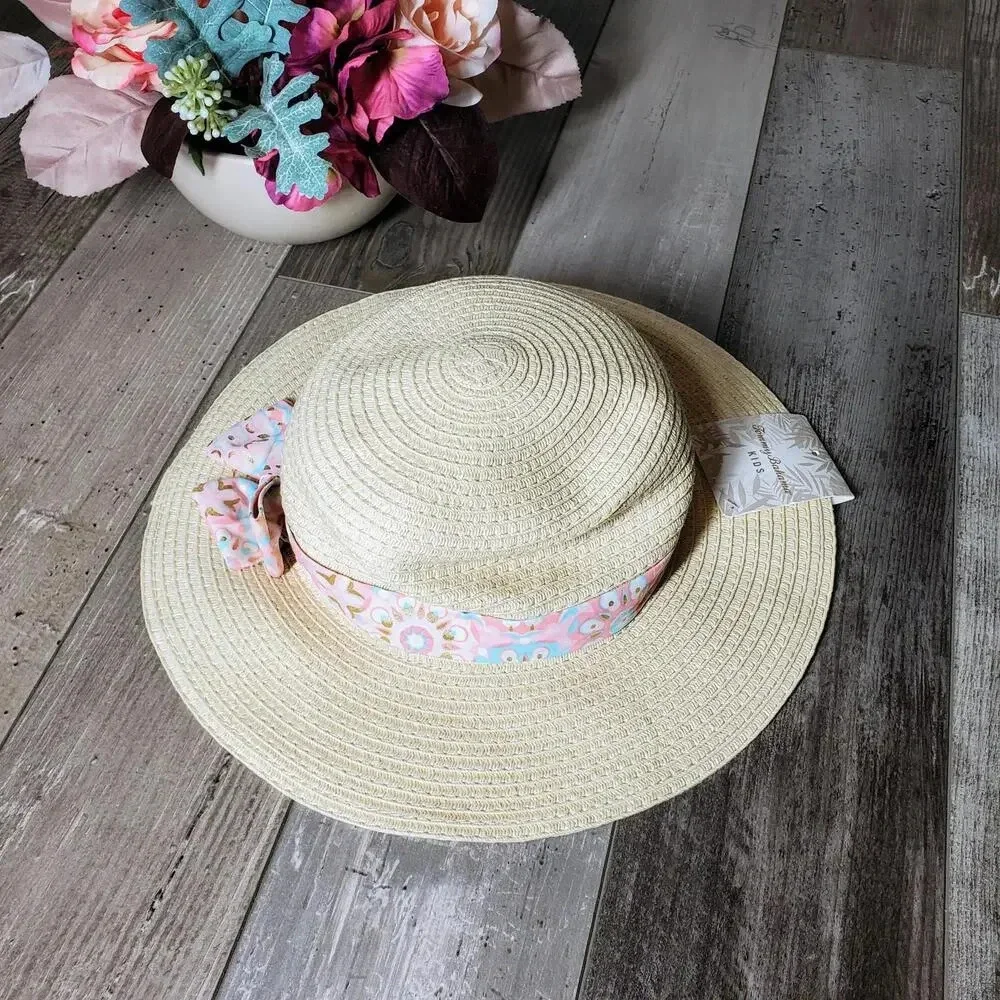 NWT Tommy Bahama Kids Girls Straw Hat with Blue & Pink Metallic Bow